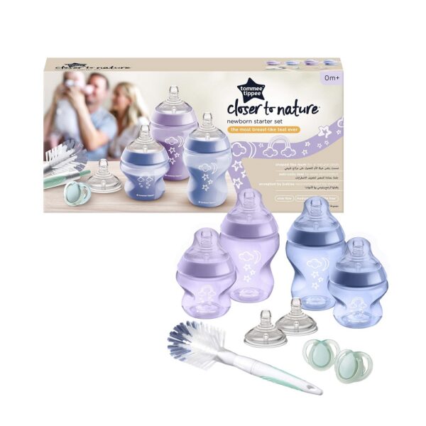 Tommee Tippee Closer To Nature zestaw startowy dla noworodka butelka ze smoczkiem 0m+ 150ml x2 + butelka ze smoczkiem 0m+ 260ml x2 + szczotka do butelek + smoczek 0-6m x2 + smoczek do butelki 3m+ x2 (P1)